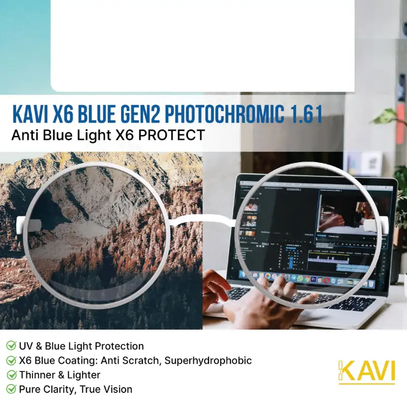 TOP 5 HÃNG TRÒNG KÍNH CẬN MỎNG NHẸ NHẤT HIỆN NAY 4 KAVI X6 BLUE GEN2 PHOTOCROMIC 1.61